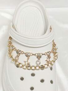 2水鑽裝飾鏈條設計鞋鋁時髦配件適用於洞洞鞋拖鞋 - 金色 - 查看 1