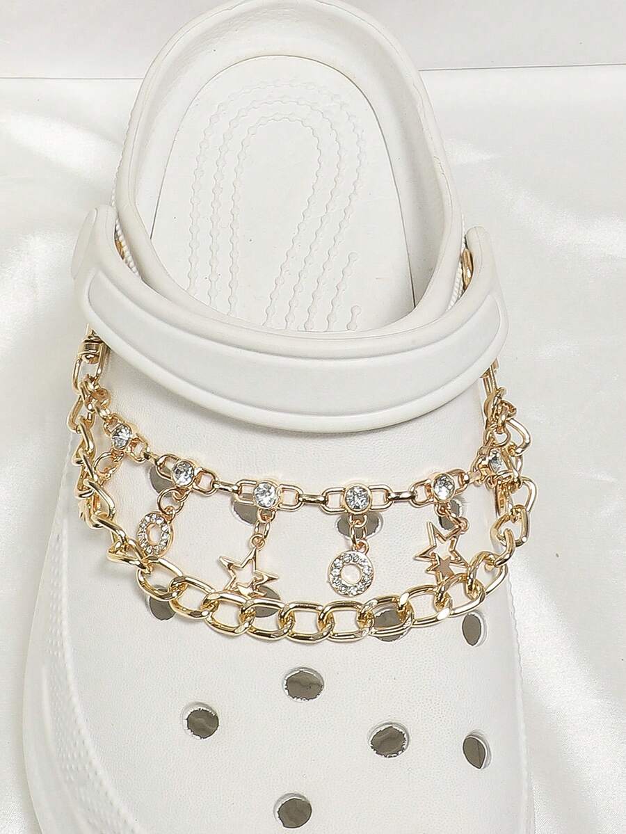 2水鑽裝飾鏈條設計鞋鋁時髦配件適用於洞洞鞋拖鞋 - 金色 - 查看 1