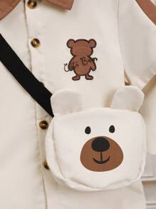 SHEIN 幼童熊貓印花對比領短袖襯衫和短褲及袋 - 杏色 - 查看 7