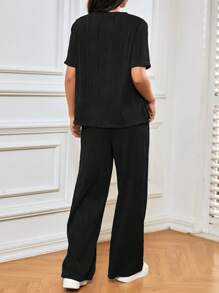 SHEIN Frenchy Solid Tee & Wide Leg Trousers - Black - View 3