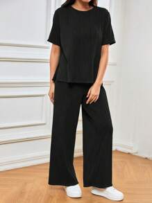 SHEIN Frenchy Solid Tee & Wide Leg Trousers - Black - View 4