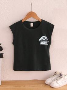 SHEIN Xe tăng cho bé trai Lá thư Nhiệt đới Giải trí - màu đen - Xem 1