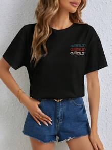 SHEIN Frenchy Áo thun nữ Thêu Lá thư Giải trí - màu đen - Xem 2