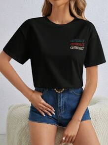 SHEIN Frenchy Áo thun nữ Thêu Lá thư Giải trí - màu đen - Xem 7