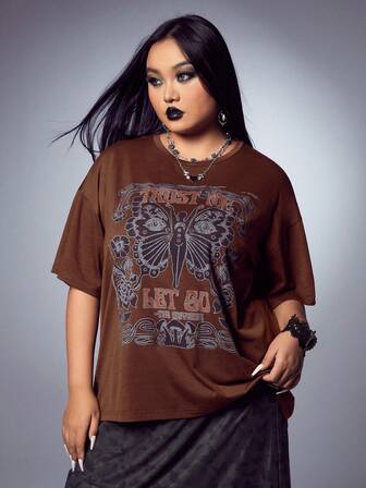 Ashley Baxter Plus Butterfly & Letter Graphic Drop Shoulder Tee