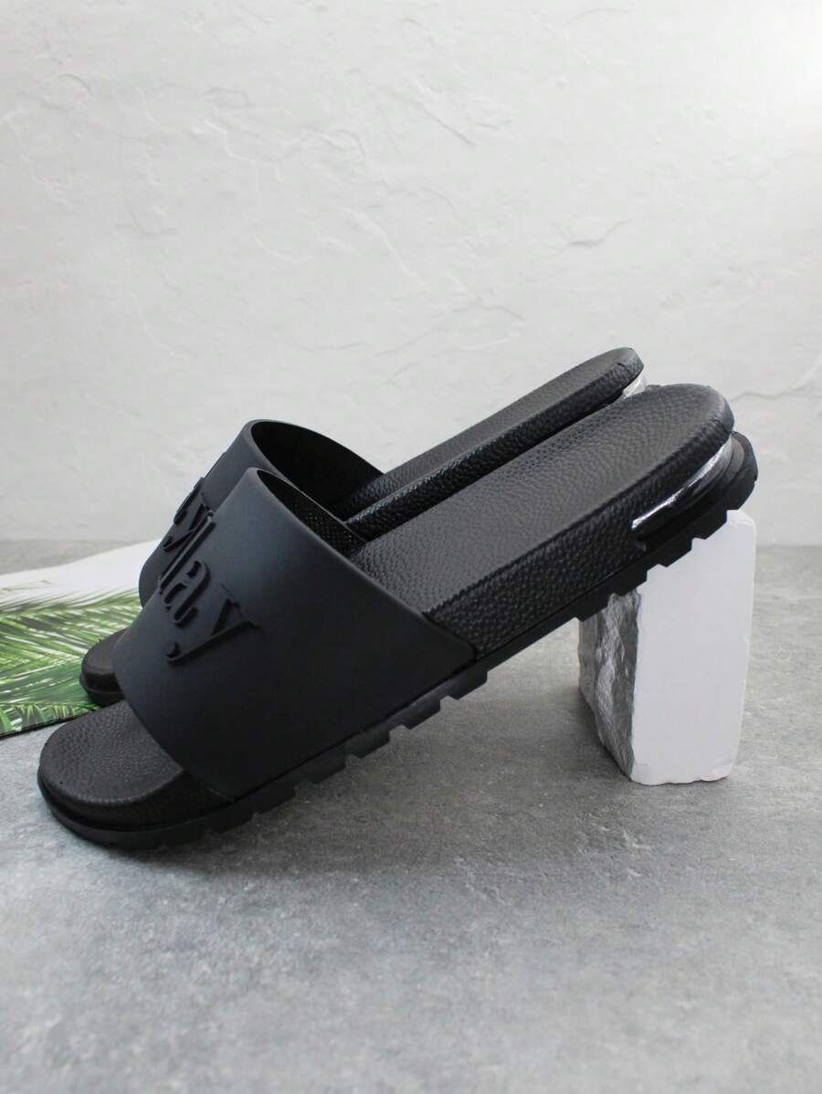 Cool Slides For Men, Letter Graphic Single Band Slippers - Black - View 1