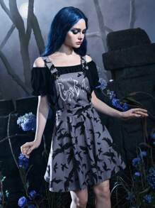 Corpse Bride | ROMWE Birds Print Overall Dress Without Tee - Grey - View 3