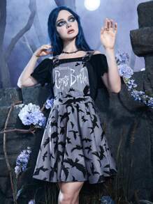Corpse Bride | ROMWE Birds Print Overall Dress Without Tee - Grey - View 6