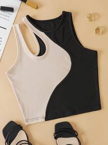 INAWLY 雙色鏤空背心上衣 - 彩色 - 查看 6