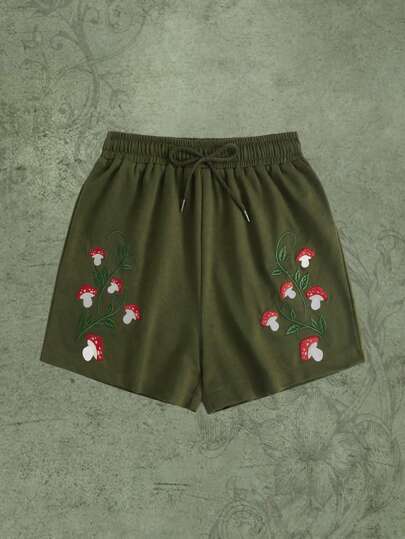 Mushroom Embroidery Drawstring Waist Shorts