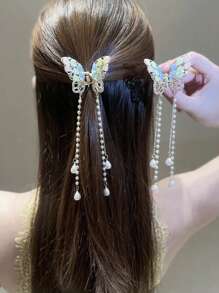 1 cái Giả Ngọc Trai & Rhinestone Trang Trí Bướm Vuốt Tóc - Vàng - Xem 1