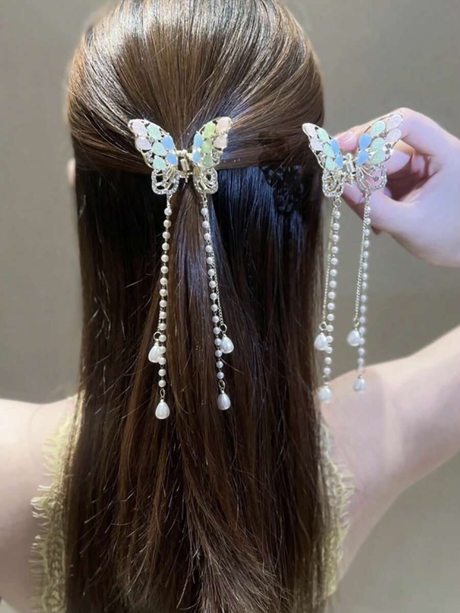 1 cái Giả Ngọc Trai & Rhinestone Trang Trí Bướm Vuốt Tóc - Vàng - Xem 1