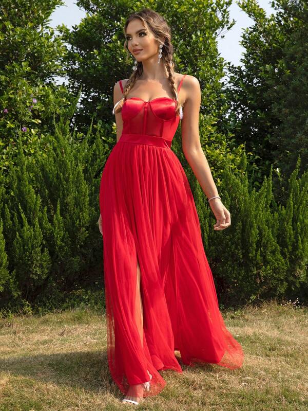 Joyfunear Solid Bustier Mesh Overlay Cami Dress SHEIN UK