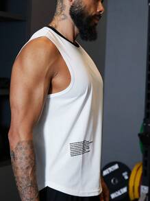 Men Slogan Graphic Contrast Trim Sports Tank Top - White - View 3