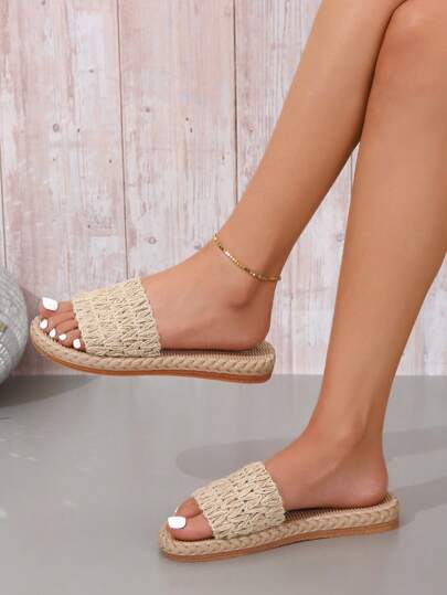 Urlaubs Slide Sandalen für Damen, flache Sandalen mit Leinengeflecht und Einzelband