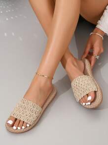 女士度假凉拖，亚麻编织细节单带平底凉鞋，春夏穿搭 - 杏色 - 查看 2
