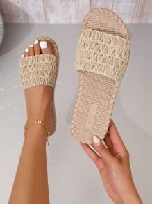 女士度假凉拖，亚麻编织细节单带平底凉鞋，春夏穿搭 - 杏色 - 查看 3
