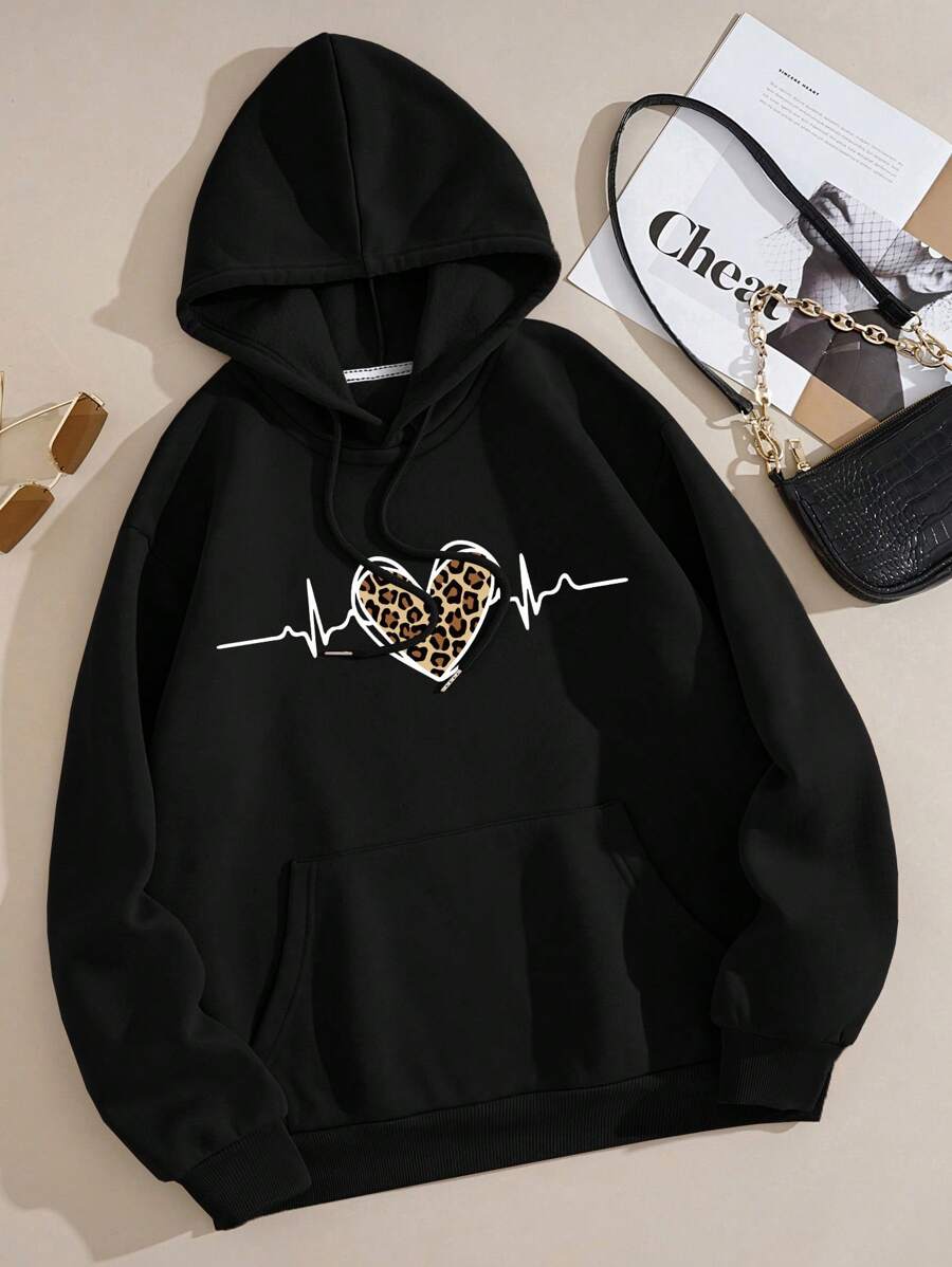 SHEIN LUNE Heart Print Kangaroo Pocket Drawstring Thermal Hoodie - Black - View 1