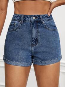 SHEIN EZwear 高腰卷邊牛仔短褲 - 深色水洗藍 - 查看 4
