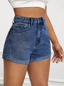 SHEIN EZwear 高腰卷邊牛仔短褲 - 深色水洗藍 - 查看 5