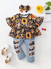 嬰兒女孩豹紋和向日葵印花波浪袖荷葉底細長上衣和破洞牛仔褲 - 彩色 - 查看 3