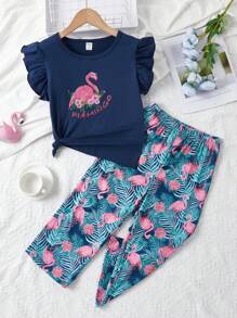 Girls Flamingo & Tropical Print Ruffle Trim PJ Set - Navy Blue - View 1