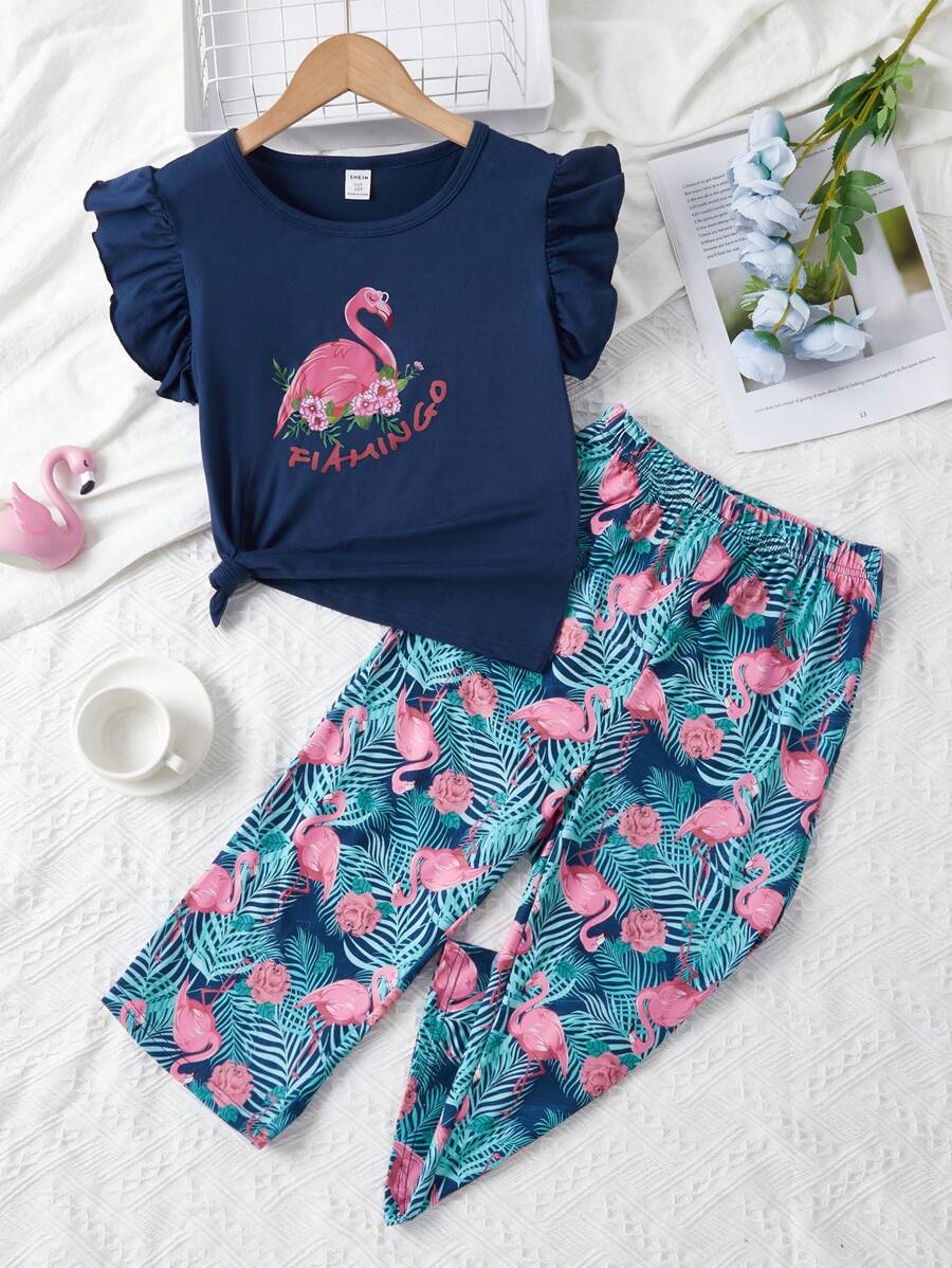 Girls Flamingo & Tropical Print Ruffle Trim PJ Set - Navy Blue - View 1