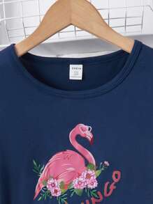 Girls Flamingo & Tropical Print Ruffle Trim PJ Set - Navy Blue - View 4
