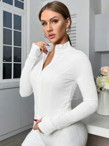 Easithlete Áo Jackets Thể thao Nữ Dây kéo màu trơn - trắng - Xem 5