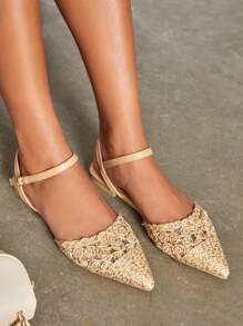 Straw Braid Detail Ankle Strap Flats - Apricot - View 2