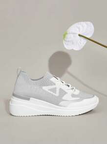 CUCCOO BASICS Two Tone Knit Wedge Sneakers - Grey - View 10