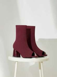 Cuccoo Minimalist Peep Toe Slip On Chunky Sock Boots - Burgundy - View 7