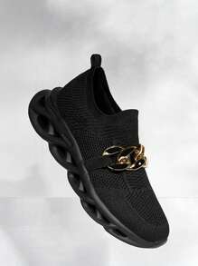 Chain Decor Knit Detail Running Shoes - Black - View 1