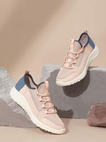 女鞋時尚輕量兩色針織粉紅色運動鞋休閒鞋 - 粉色 - 查看 1