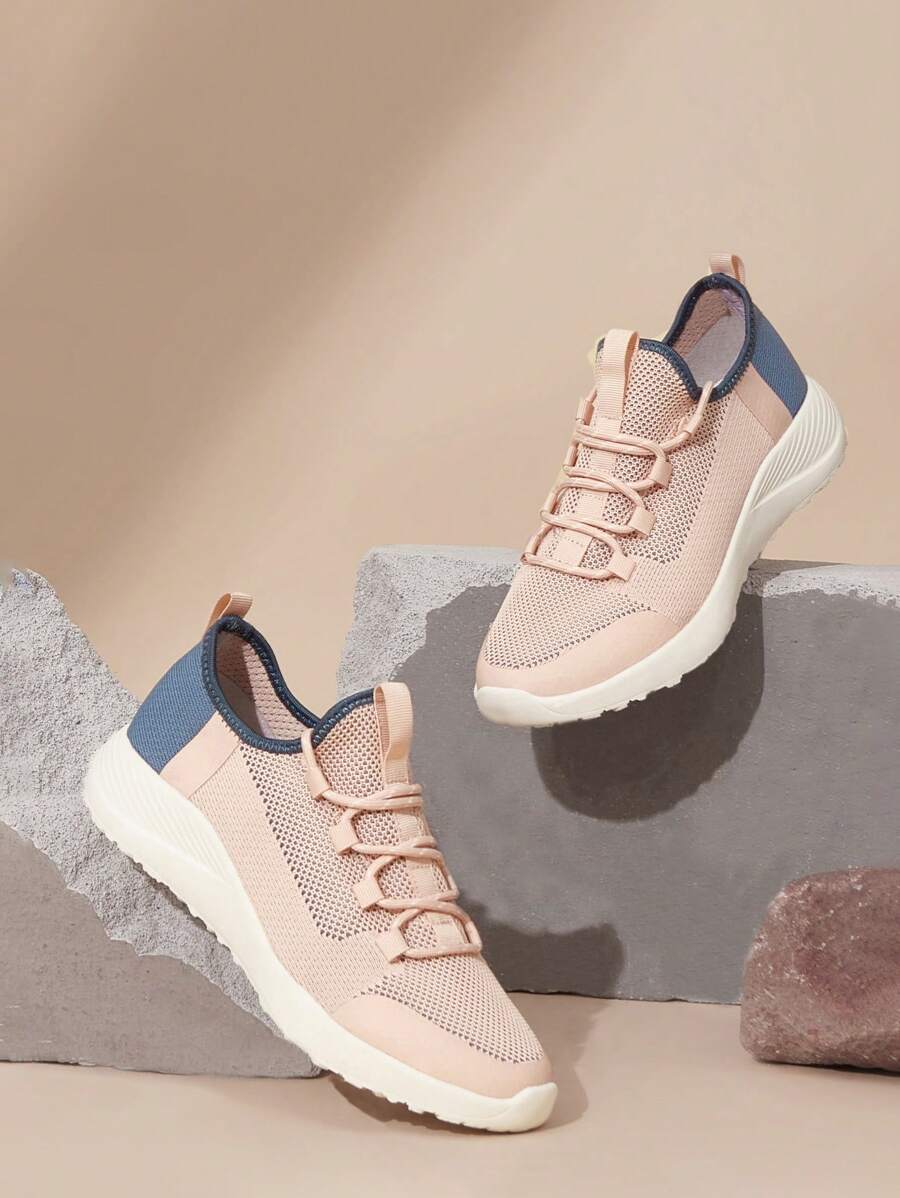 女鞋時尚輕量兩色針織粉紅色運動鞋休閒鞋 - 粉色 - 查看 1