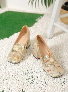 女士花卉圖案人造珍珠裝飾方頭粗跟時尚戶外高跟鞋 - 彩色 - 查看 3