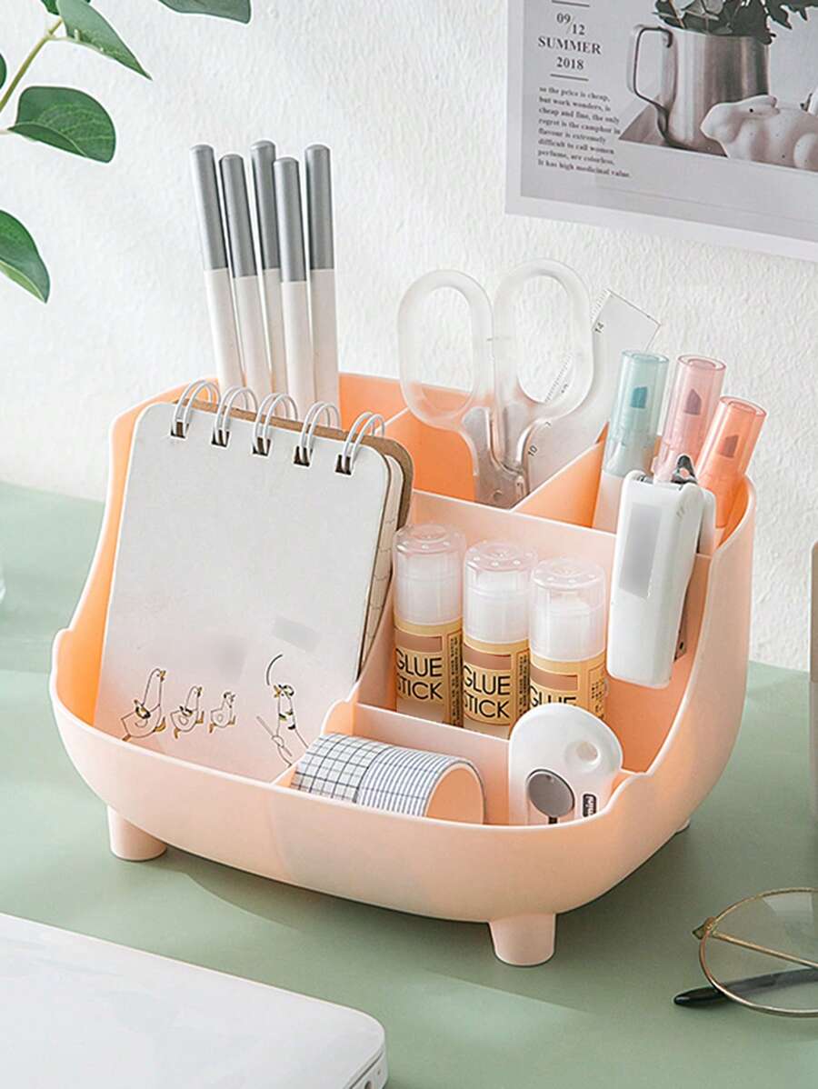 1pc Plastic Multi-grid Storage Box, Simple Plain Color Multifunctional Desktop Organizer For Home - Pink - View 1