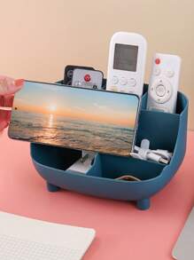 1pc Plastic Multi-grid Storage Box, Simple Plain Color Multifunctional Desktop Organizer For Home - Pink - View 3