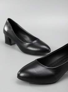 秋冬女士简约浅口鞋，人造革粗跟优雅高跟鞋，黑色，优雅 - 黑色 - 查看 4