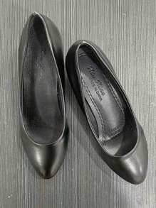 秋冬女士简约浅口鞋，人造革粗跟优雅高跟鞋，黑色，优雅 - 黑色 - 查看 5