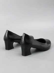 秋冬女士简约浅口鞋，人造革粗跟优雅高跟鞋，黑色，优雅 - 黑色 - 查看 6