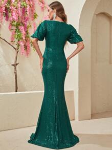 YISIKADO Puff Sleeve Split Thigh Sequin Formal Dress - Dark Green - View 2