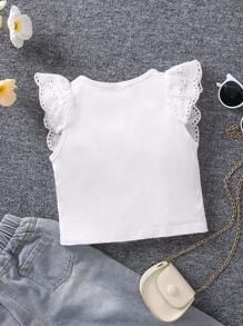 SHEIN Áo thun trắng cơ bản dễ thương cho cô gái trẻ có đường viền cổ tròn và tay áo xếp nếp cho mùa hè - trắng - Xem 2