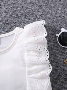 SHEIN Áo thun trắng cơ bản dễ thương cho cô gái trẻ có đường viền cổ tròn và tay áo xếp nếp cho mùa hè - trắng - Xem 3