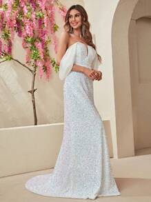 YISIKADO Off Shoulder Split Thigh Sequin Formal Dress - White - View 3