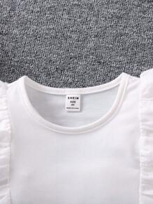 SHEIN Áo thun trắng cơ bản dễ thương cho cô gái trẻ có đường viền cổ tròn và tay áo xếp nếp cho mùa hè - trắng - Xem 5