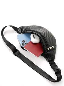 女孩素色鋸齒圖案可調節帶裝飾拉鍊腰包 - 黑色 - 查看 3