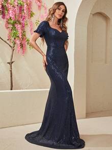 YISIKADO Robe habillée à encolure de cœur manches évasées à paillettes