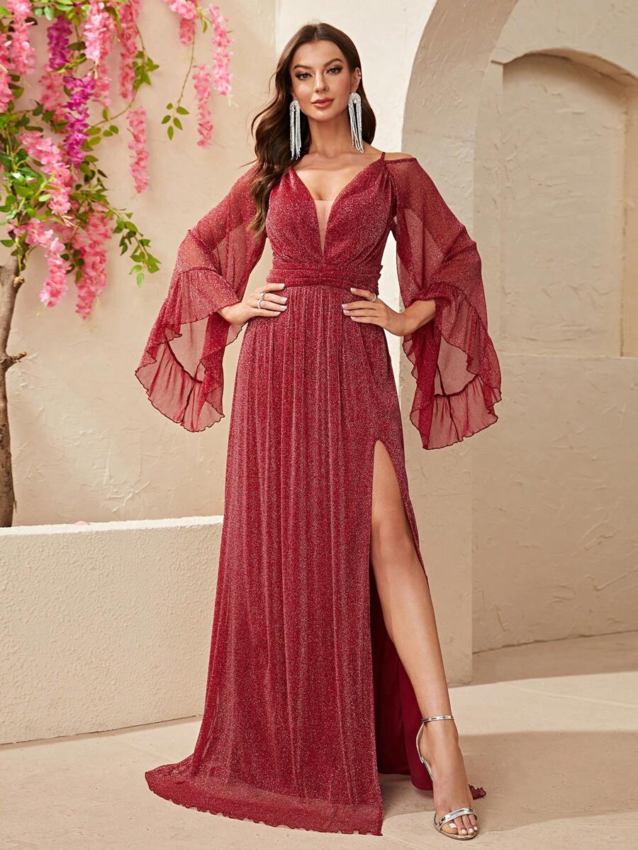 YISIKADO 深V領高衩正式洋裝 - 紅色 - 查看 1