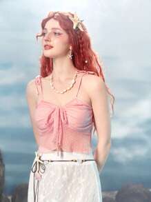 ROMWE Fairycore Tie Front Cami Top - Pink - View 7